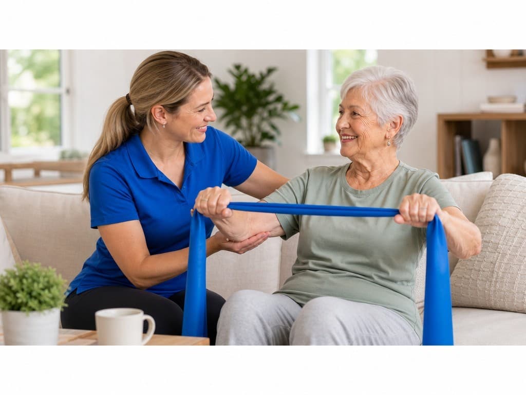 A physiotherapist guiding an older woman through an exercise band session at home